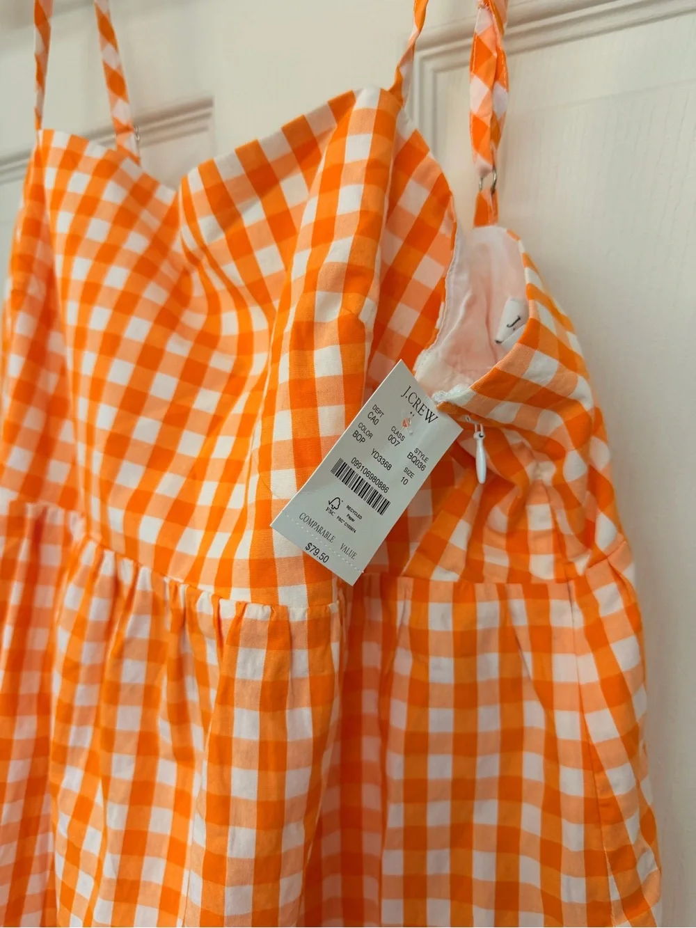 J. Crew Orange and White Gingham Spaghetti-Strap Top